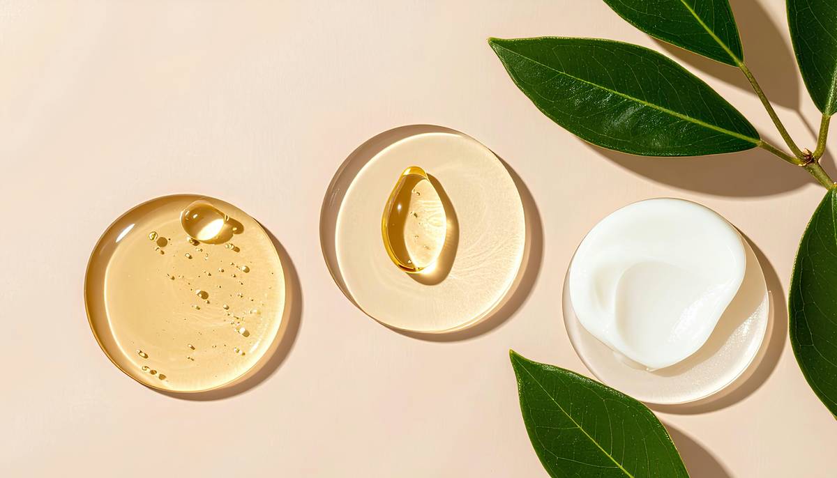 A minimal flatlay of skincare textures—gel, cream, and facial oil—on a soft beige background. Captured in natural light to highlight the smooth, glossy finish and clean beauty aesthetic.